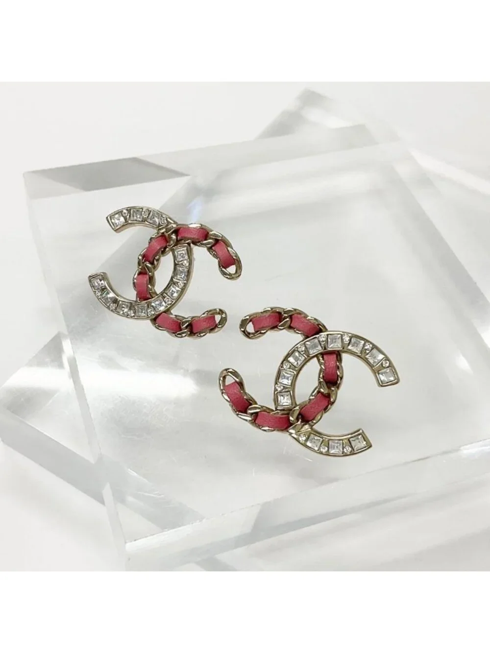 Chanel Earrings CC Logo Rhinestone Gold Pink